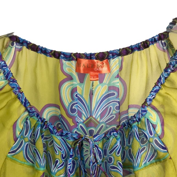 Hale Bob Women's Cabana Blouse Silk Bell Sleeve Boho Festival Green Floral XS - Picture 2 of 10